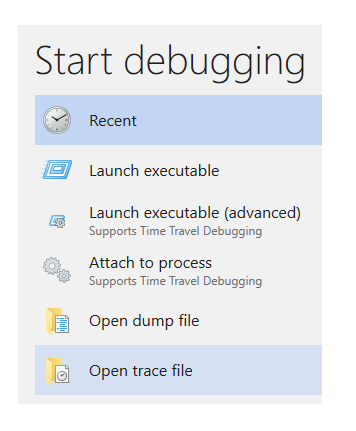 [トレース ファイルを開く] オプションが強調表示されている、ファイルを開くオプションのスクリーンショット。