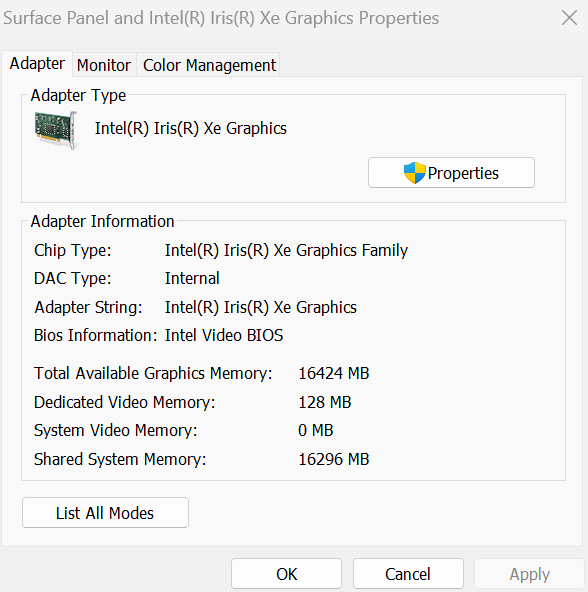 Surface ラップトップ コンピューターで使用可能なメモリを報告する [アダプター] タブが選択されている [表示] ウィンドウのスクリーンショット。