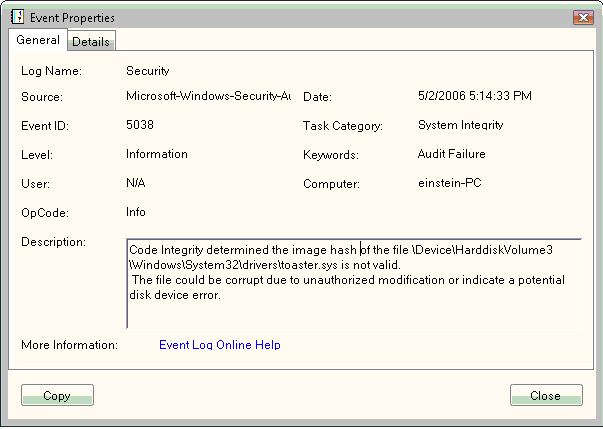 screen shot of the event properties dialog box illustrating unsigned driver error.