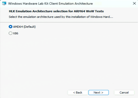 エミュレーション アーキテクチャを選択するには、ARM64 HLK クライアントのみが必要です