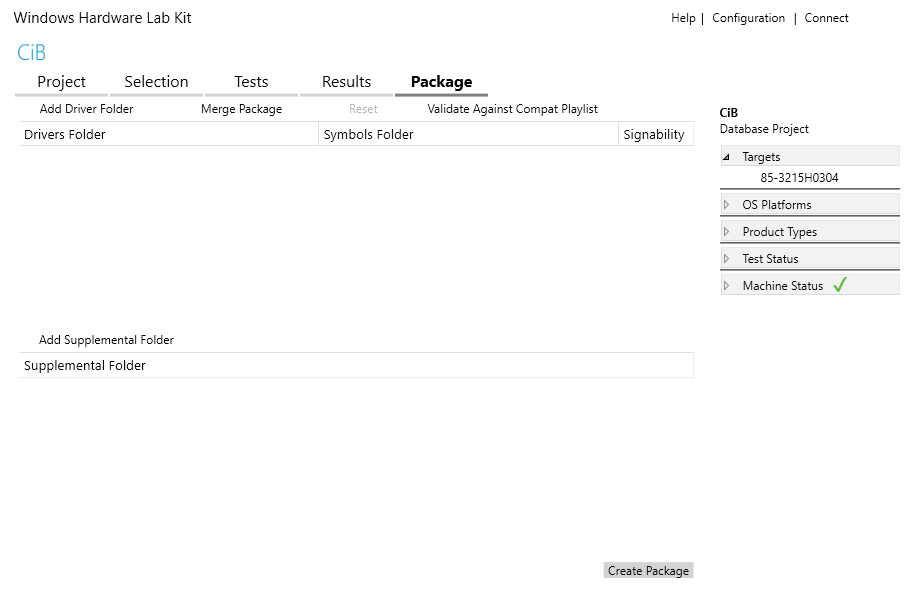 [パッケージの作成] ボタンを含む HLK Manager パッケージ ページのスクリーン ショット