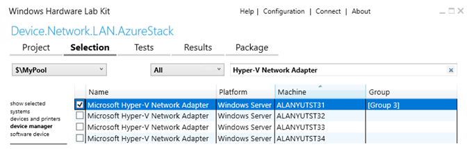 デバイスが選択された device.network.lan テストを示す hlk Studio