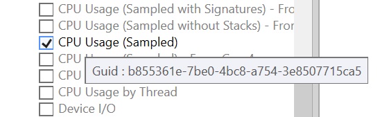 チェックボックス ドロップダウンで CPU Usage (Sampled) がオンになっており、b855361e-7be0-4bc8-a754-3e8507715ca5 と表示されている GUID ポップアップ