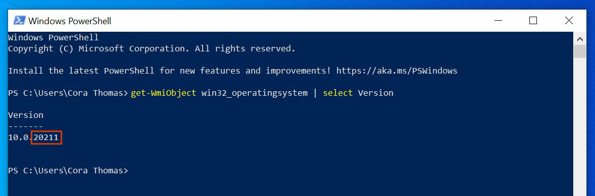 このコマンドを実行してバージョンをチェックWindows PowerShell、ビルド 20211 上にあることを強調表示します。