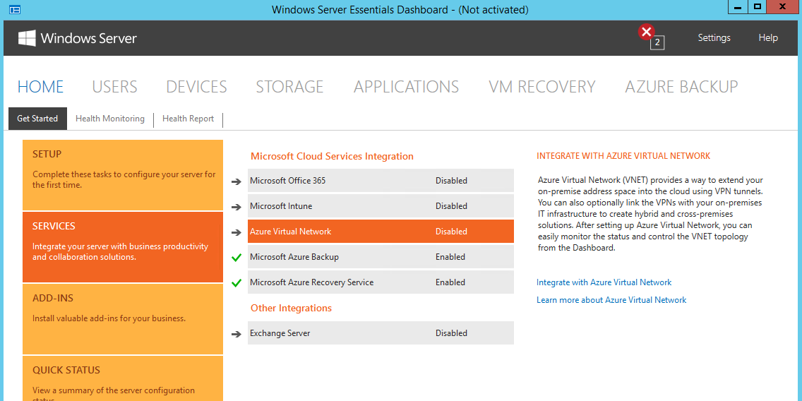 Windows Server Essentials ダッシュボードの [ホーム] ページの [開始] タブを示すスクリーンショット。[開始] タブでは [サービス] セクションが選択されており、ダッシュボードには [Microsoft Cloud Services 統合] で Azure 仮想ネットワークが現在無効になっていることが示されています。