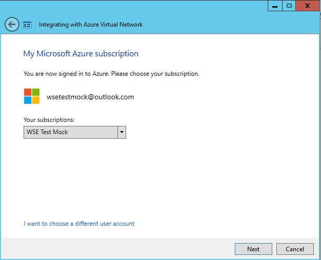 Azure Virtual Network との統合ウィザードの [Microsoft Azure サブスクリプション] ページを示すスクリーンショット。