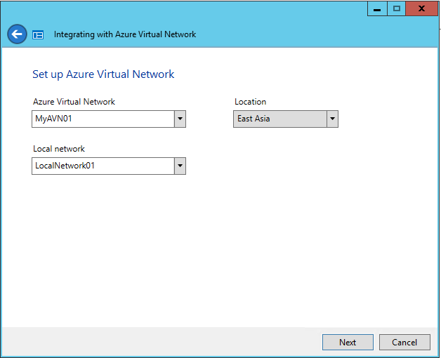 Azure Virtual Network との統合ウィザードの [Azure Virtual Networ のセットアップ] ページを示すスクリーンショット。