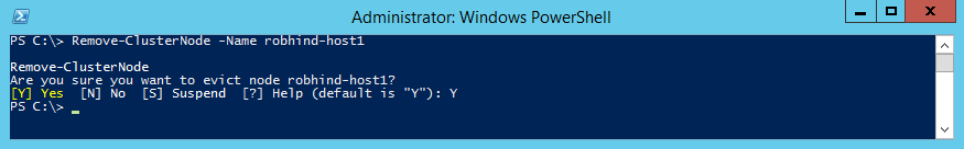 Screencap showing the output of the Remove-ClusterNode cmdlet