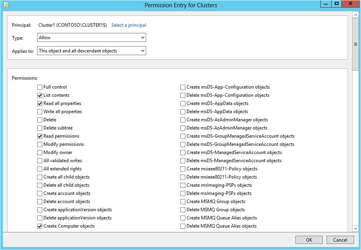 Granting the Create Computer objects permission to the CNO