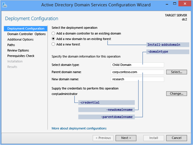 Screenshot that shows the options for adding a child domain.