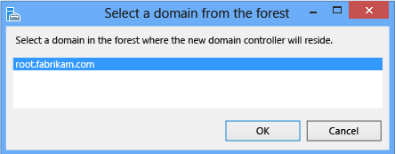 新しいドメイン コントローラーが存在するフォレスト内のドメインを選択する場所を示すスクリーンショット。