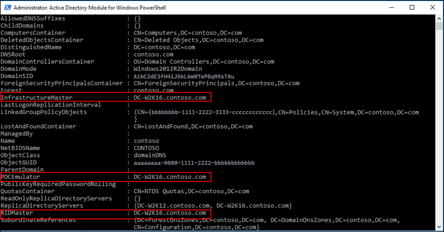 Screenshot of the Active Directory Module for Windows PowerShell window showing the results of the Get-ADDomain cmdlet with the Infrastructure Master, P D C Emulator, and R I D Master values called out.