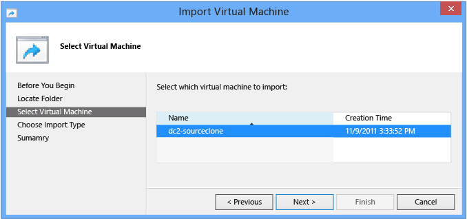 インポートする VM を選択する方法を示すスクリーンショット。