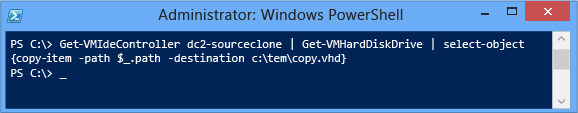 DC2-SOURCECLONE という名前のオフライン ソース ドメイン コントローラーのドライブを c:\temp\copy.vhd という名前の新しいディスクに、そのシステム ドライブへの正確なパスを知らなくてもコピーする方法を示すスクリーンショット。