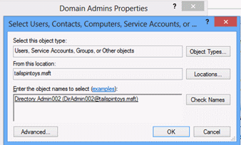 一時的な Domain Admins 特権が付与されるアカウントの名前を追加する場所を示すスクリーンショット。