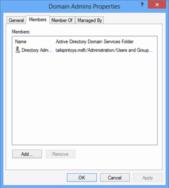 [Domain Admins Properties](Domain Admins プロパティ) ダイアログ ボックスの [メンバー] タブを示すスクリーンショット。