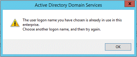 選択したログオン名が既に使用されていることを示すメッセージを示すスクリーンショット。