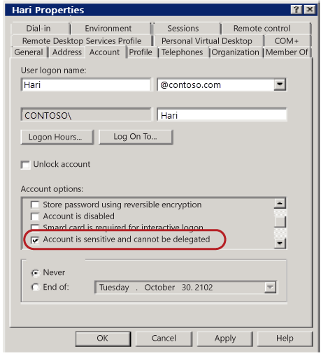 Screenshot of the Active Directory account properties window. The 