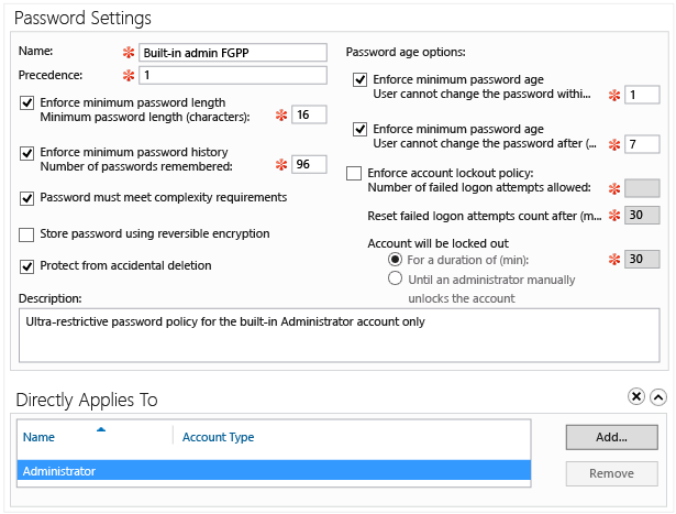 Active Directory 管理センターの細かい設定が可能なパスワード ポリシーのグラフィカル インターフェイスを示すスクリーンショット。