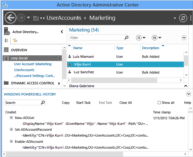 Active Directory 管理センターの Windows PowerShell 履歴ビューアーを示すスクリーンショット。