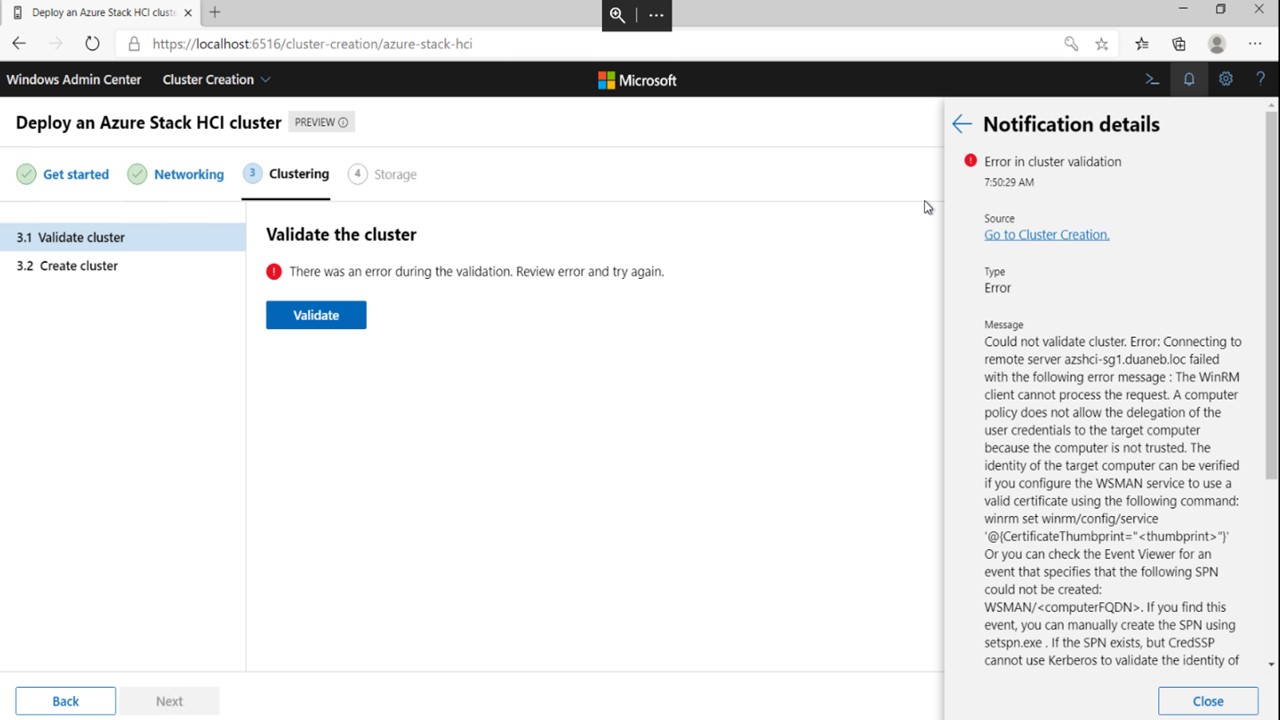 ユーザーがクラスターの検証を試みたときに表示される Windows Admin Center クラスターデプロイの Cred S S P エラー メッセージのスクリーンショット。