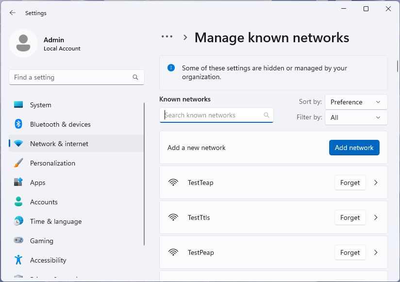 Windows 11 設定アプリの [Manage known networks] (既知のネットワークの管理) ページのスクリーンショット。