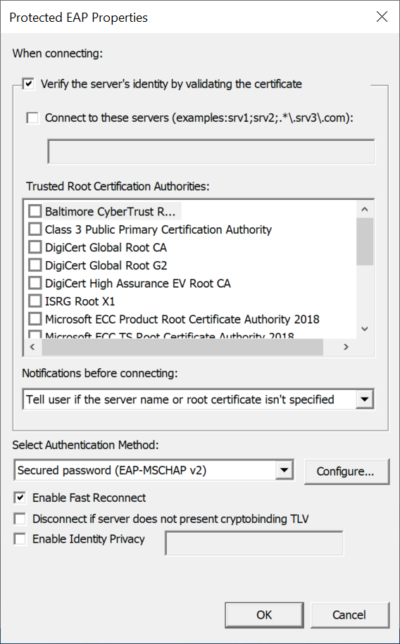 [保護された EAP プロパティ] ダイアログのスクリーンショット。