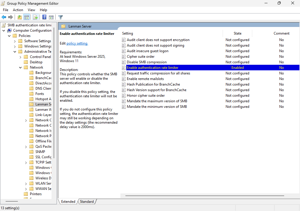 [SMB 認証レート制限機能を有効にする] グループ ポリシー設定を示すスクリーンショット。