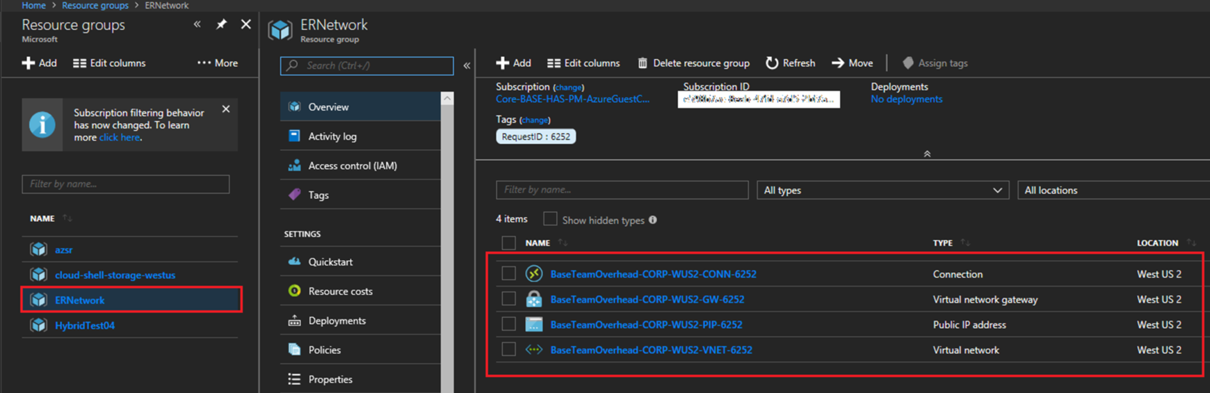 ExpressRoute で追加されたリソース グループを示す Azure portal