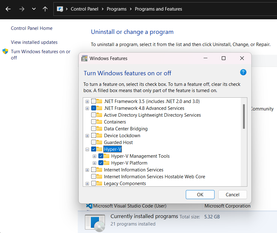 Windows programs and features dialogue box