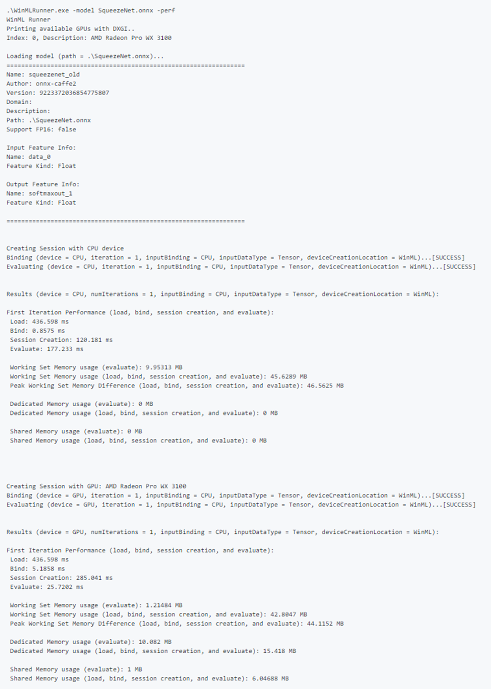 Sample performance output