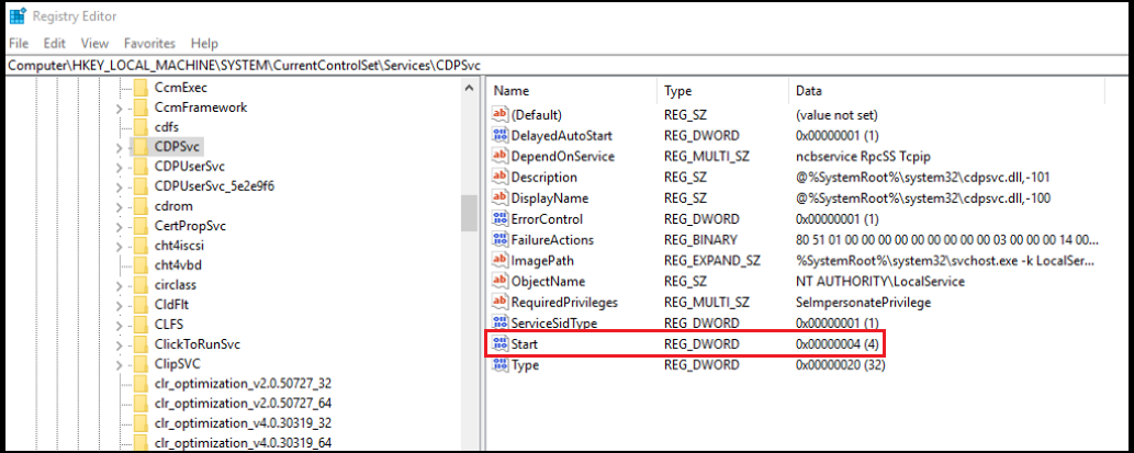 レジストリ エディターが HKEY_LOCAL_MACHINE\System\CurrentControlSet\Services\CDPSvc に開き、Start 値が 4 に設定されているのを強調表示しているスクリーンショット。