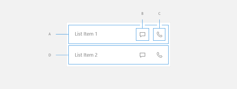 A、B、C、D という文字ラベルが付いた、入れ子になった UI 要素を示すスクリーンショット。