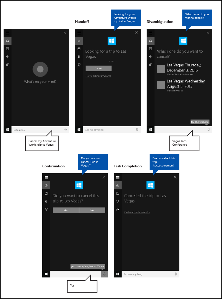 エンド ツー エンドの Cortana バックグラウンド アプリ フロー用の Cortana キャンバスのスクリーンショット