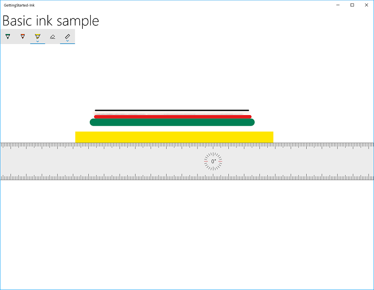 既定の InkToolbar を使用して、このトピックで強調表示されている基本的な Ink サンプル アプリのスクリーンショット。