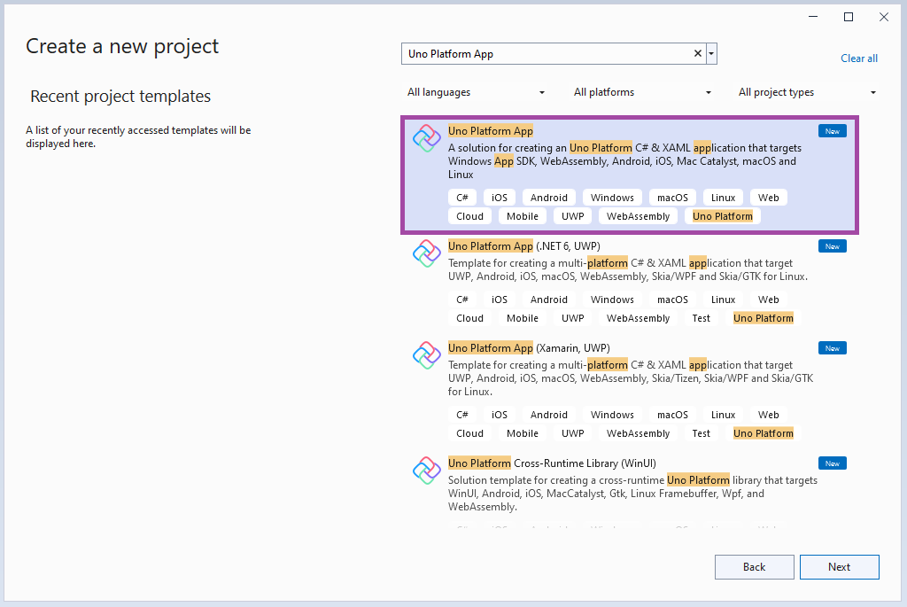Uno Platform アプリがプロジェクトの種類として選択されている新規プロジェクト作成ダイアログのスクリーンショット。
