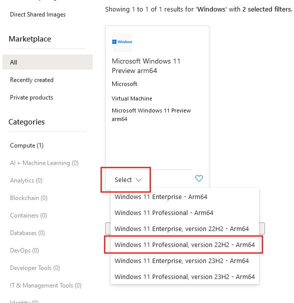 特定の VM イメージを選択するスクリーンショット