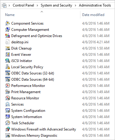 Windows 10 の [管理ツール] フォルダーのコンテンツのスクリーンショット。
