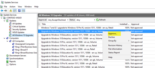 WSUS 管理コンソールで展開する機能を承認します。