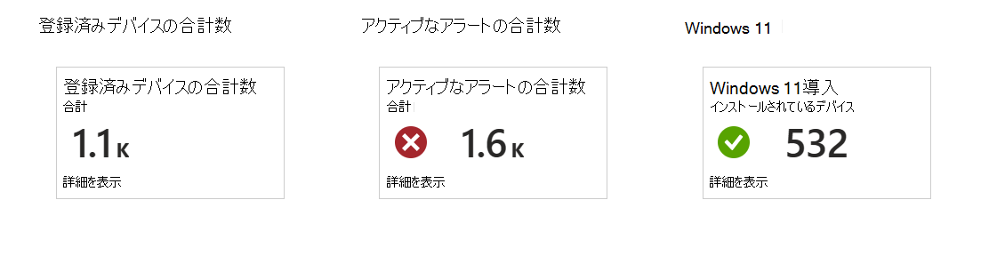 Windows Update for Business Reports ブックのサマリー タブ タイルのスクリーンショット