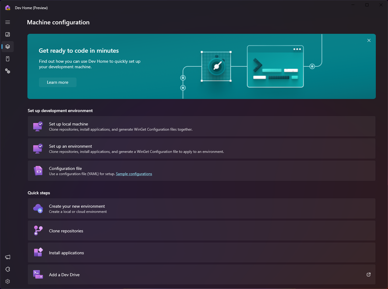 Dev Home コンピューターの構成ツールのスクリーンショット。