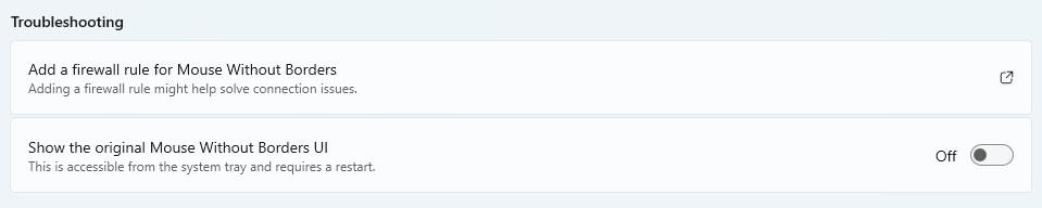Mouse Without Bordersトラブルシューティング セクションのスクリーンショット