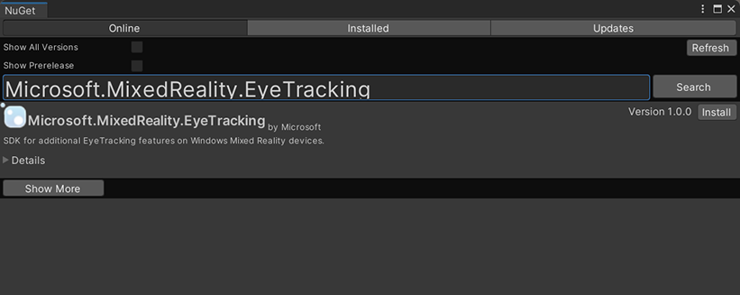 Eye Tracking SDK Nuget パッケージのスクリーンショット。