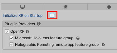 [起動時に XR を初期化する] が選択されていない XR プラグイン管理ウィンドウのスクリーンショット。