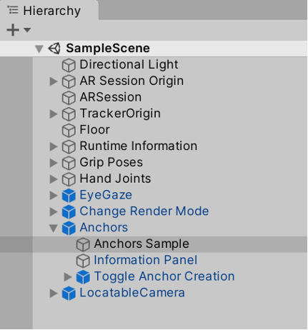 Unity エディターで階層パネルが開いている状態を示すスクリーンショット。アンカー サンプルが強調表示されています。