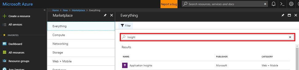 Azure Portal を示すスクリーンショット。[すべて] ウィンドウで [Insight] が強調表示されています。