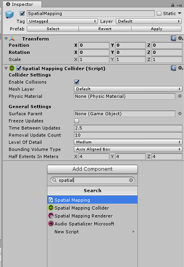 SpatialMapping スクリプトを追加する場所を示すスクリーンショット。