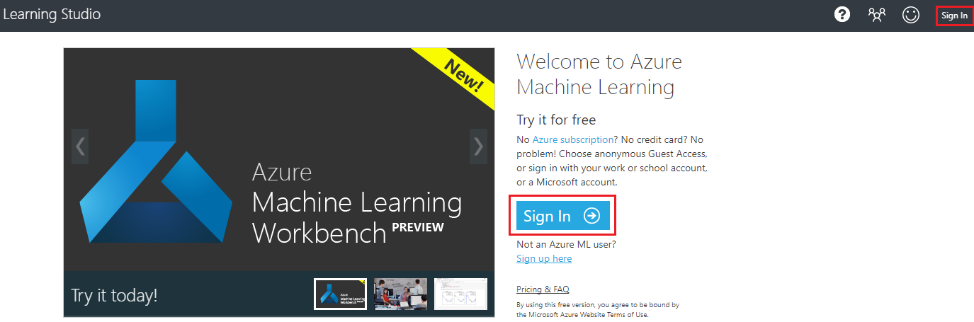 強調表示されている [サインイン] ボタンを示す Machine Learning Studio ウィンドウのスクリーンショット。