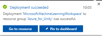 デプロイに成功した通知のスクリーンショット。リソース グループへのワークスペースのデプロイが成功したことをユーザーに通知します。