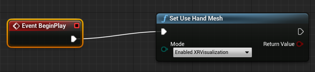 プレイ開始イベントが、有効にされた XRVisualization モードを使用した [ハンド メッシュの使用を設定] 関数に接続されたブループリント